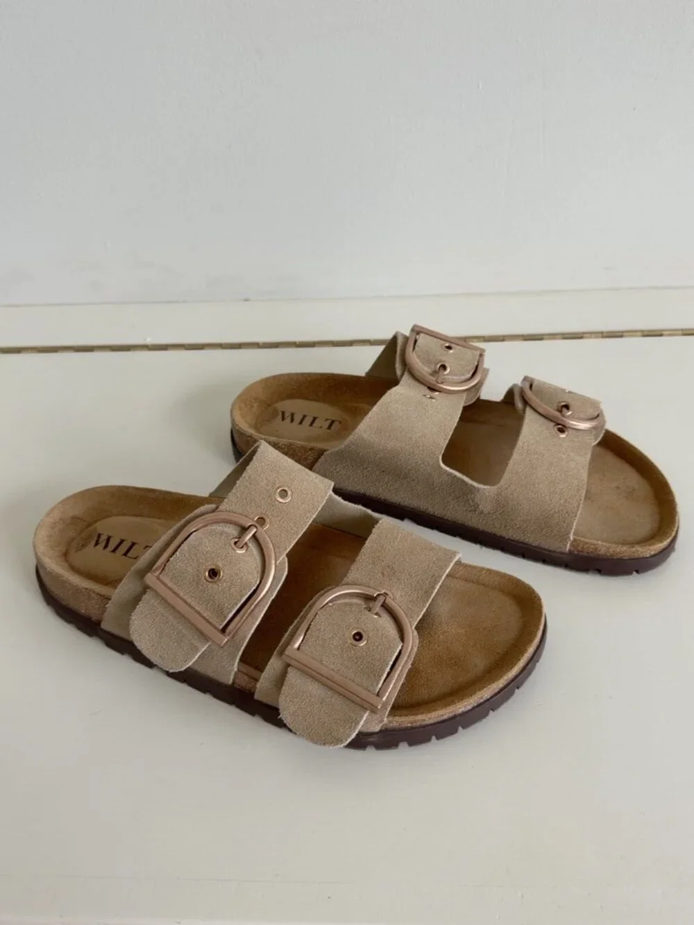 WILT Women’s Suede Double Buckle Slide Sandals Beige Rose Gold Size 6